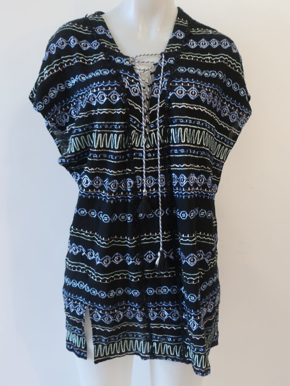 Womens Gypsy Sand (Item-33) Black Multi Embroidered Swim Cover-Up Tunic Top S